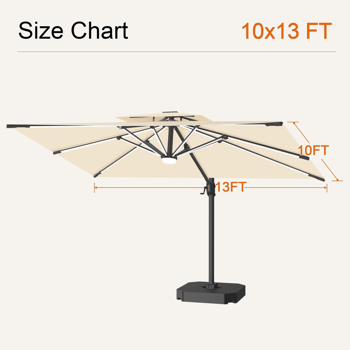 Cream Aegis Pro solar LED cantilever patio umbrella size chart with a 10 x 13 ft canopy - Sunshade