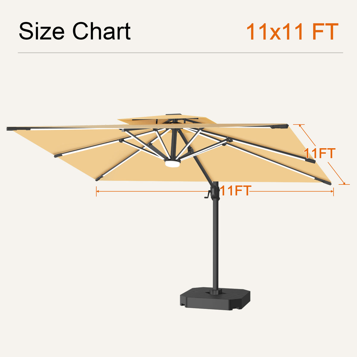 Beige Aegis Pro solar LED cantilever patio umbrella size chart with an 11 x 11 ft canopy - Sunshade