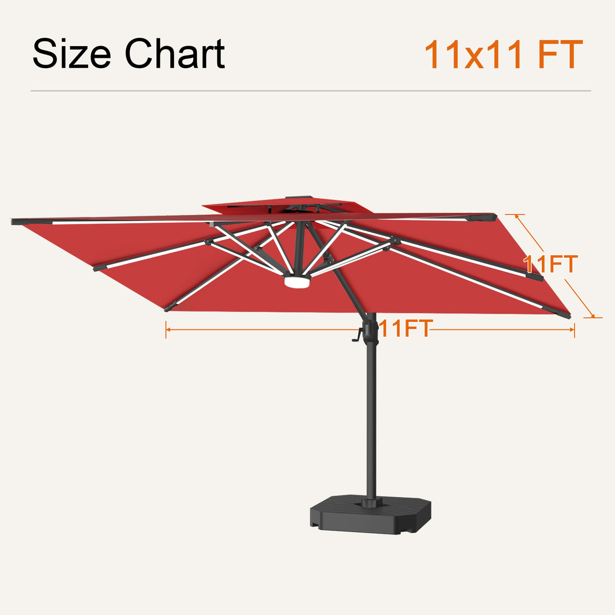 Burgundy Aegis Pro solar LED cantilever patio umbrella size chart with an 11 x 11 ft canopy - Sunshade