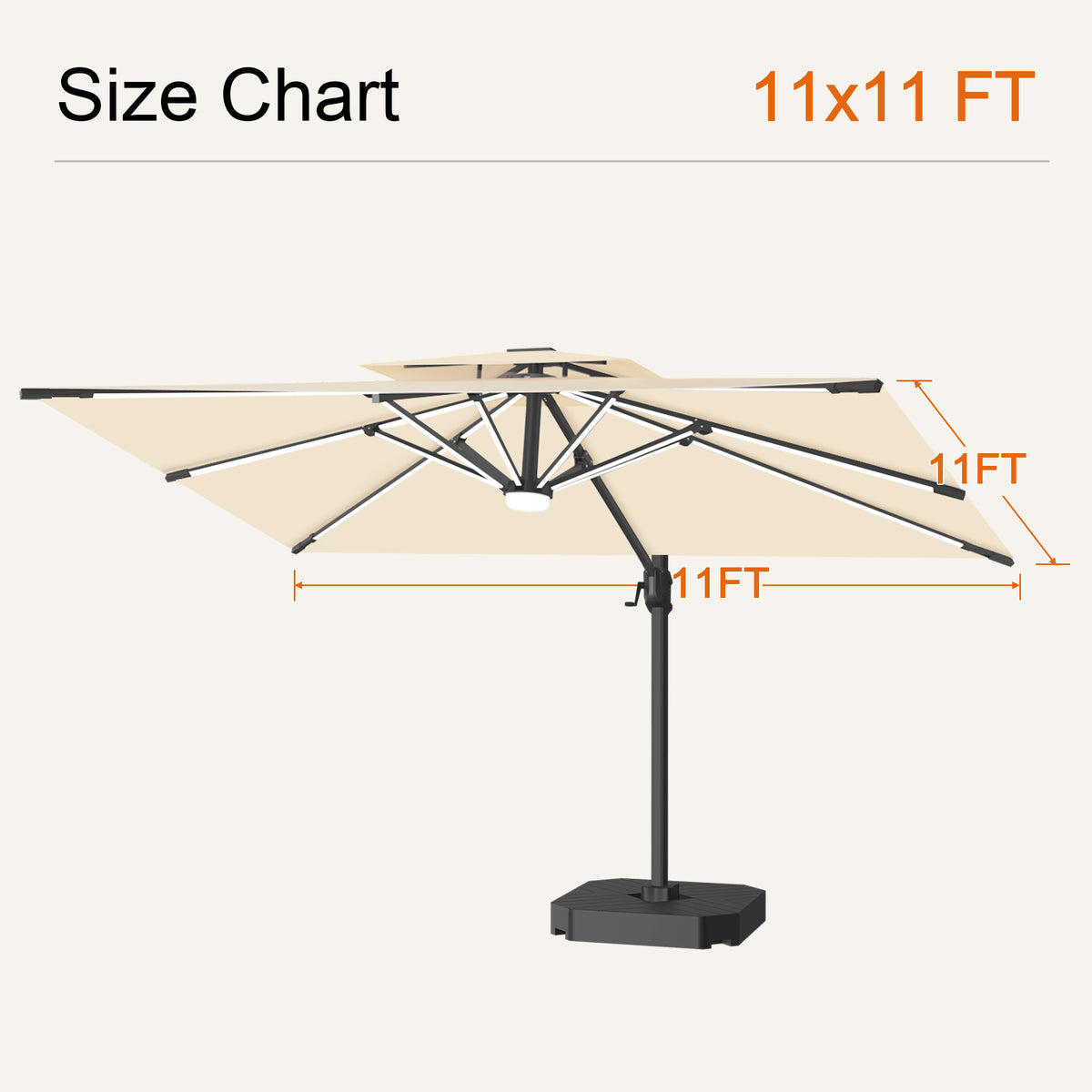 Cream Aegis Pro solar LED cantilever patio umbrella size chart with an 11 x 11 ft canopy - Sunshade
