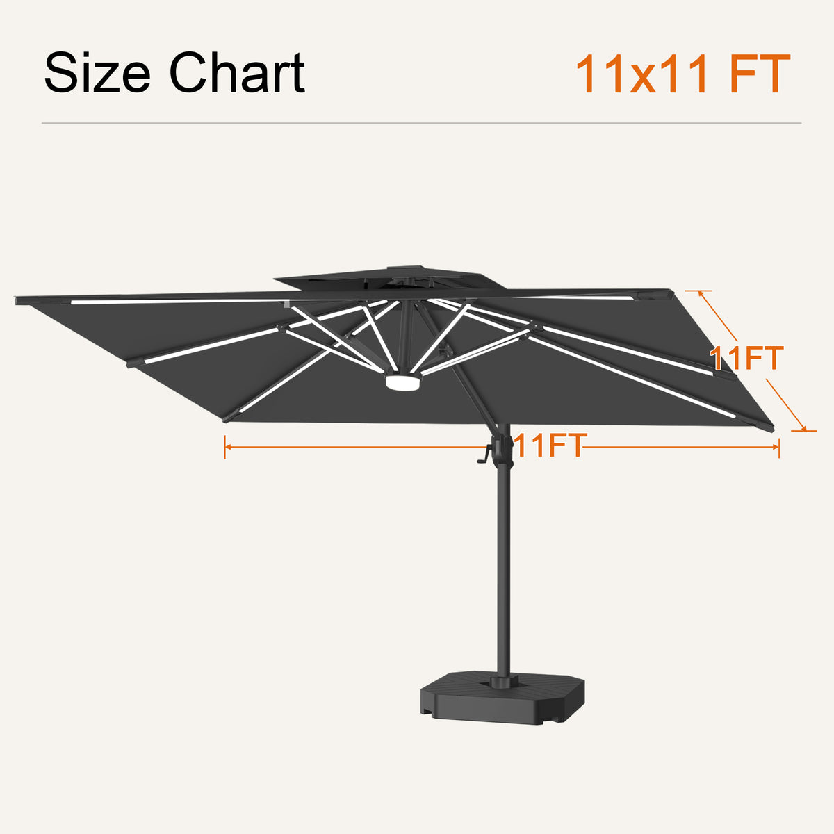 Black Aegis Pro solar LED cantilever patio umbrella size chart with an 11 x 11 ft canopy - Sunshade