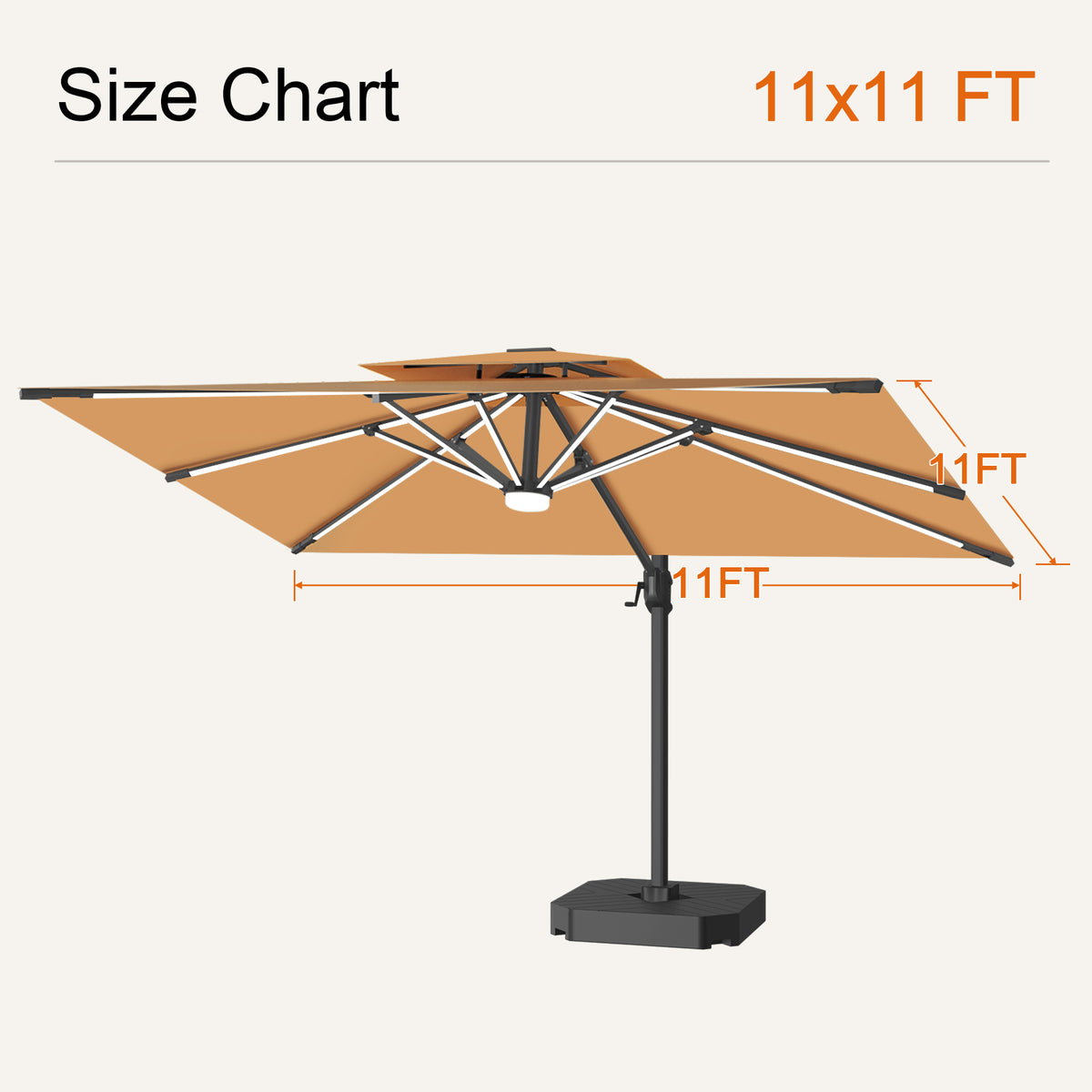 Tan Aegis Pro solar LED cantilever patio umbrella size chart with an 11 x 11 ft canopy - Sunshade