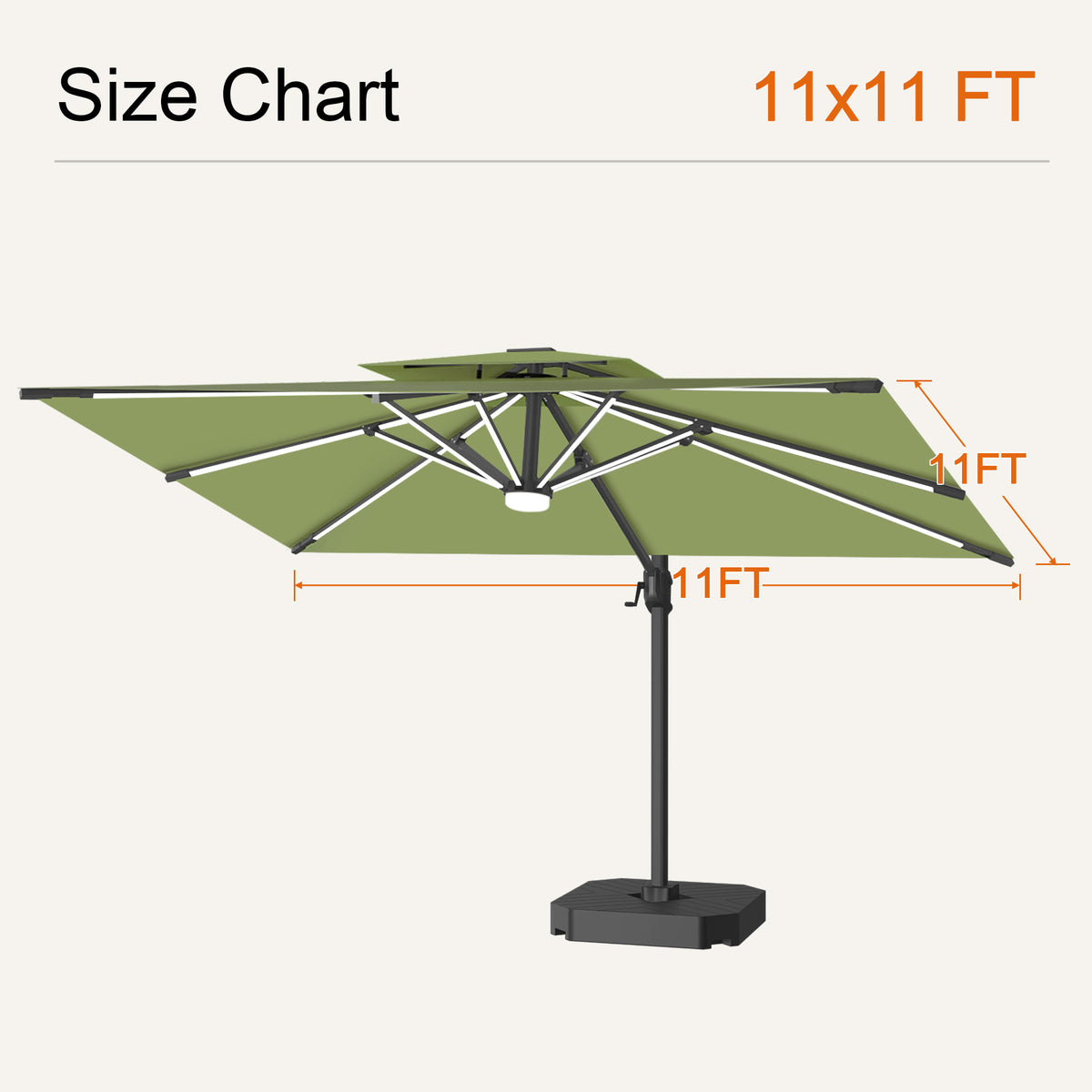 Sage Green Aegis Pro solar LED cantilever patio umbrella size chart with an 11 x 11 ft canopy - Sunshade