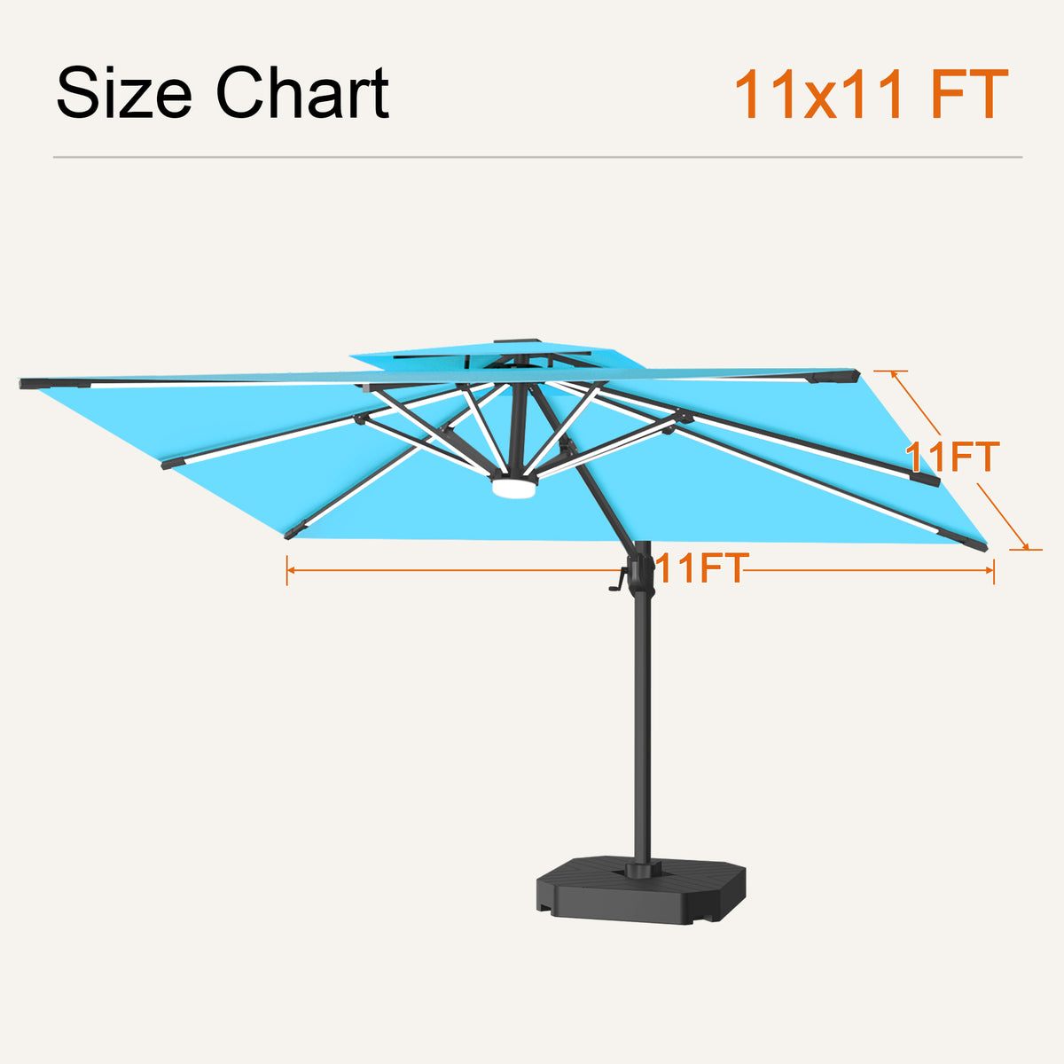 Turquoise Aegis Pro solar LED cantilever patio umbrella size chart with an 11 x 11 ft canopy - Sunshade