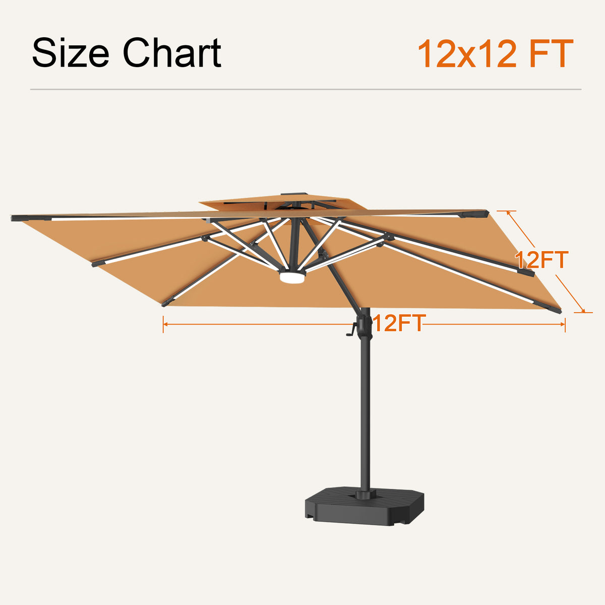 Tan Aegis Pro solar LED cantilever patio umbrella size chart with a 12 x 12 ft canopy - Sunshade