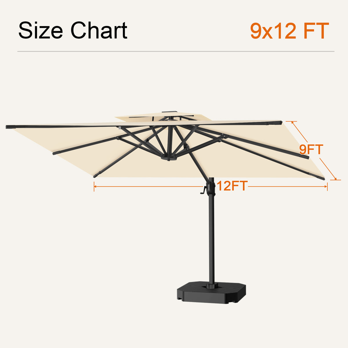 Cream cantilever patio umbrella size chart showing a 9 x 12 ft canopy - Sunshade