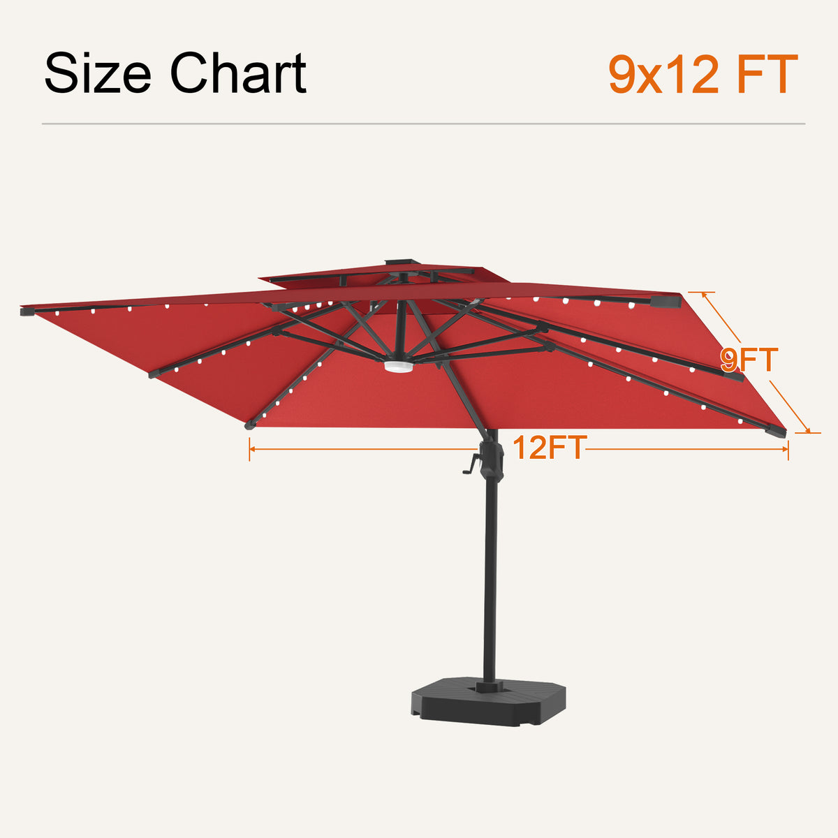 Burgundy Aegis Pro solar LED cantilever patio umbrella, 9 x 12 ft size chart - Sunshade