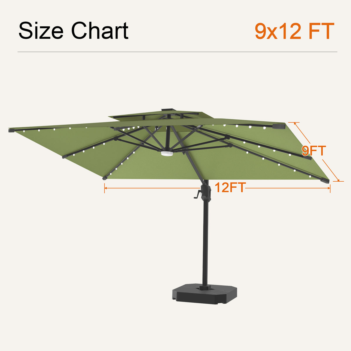 Sage green Aegis Pro solar LED cantilever patio umbrella, 9 x 12 ft size chart - Sunshade