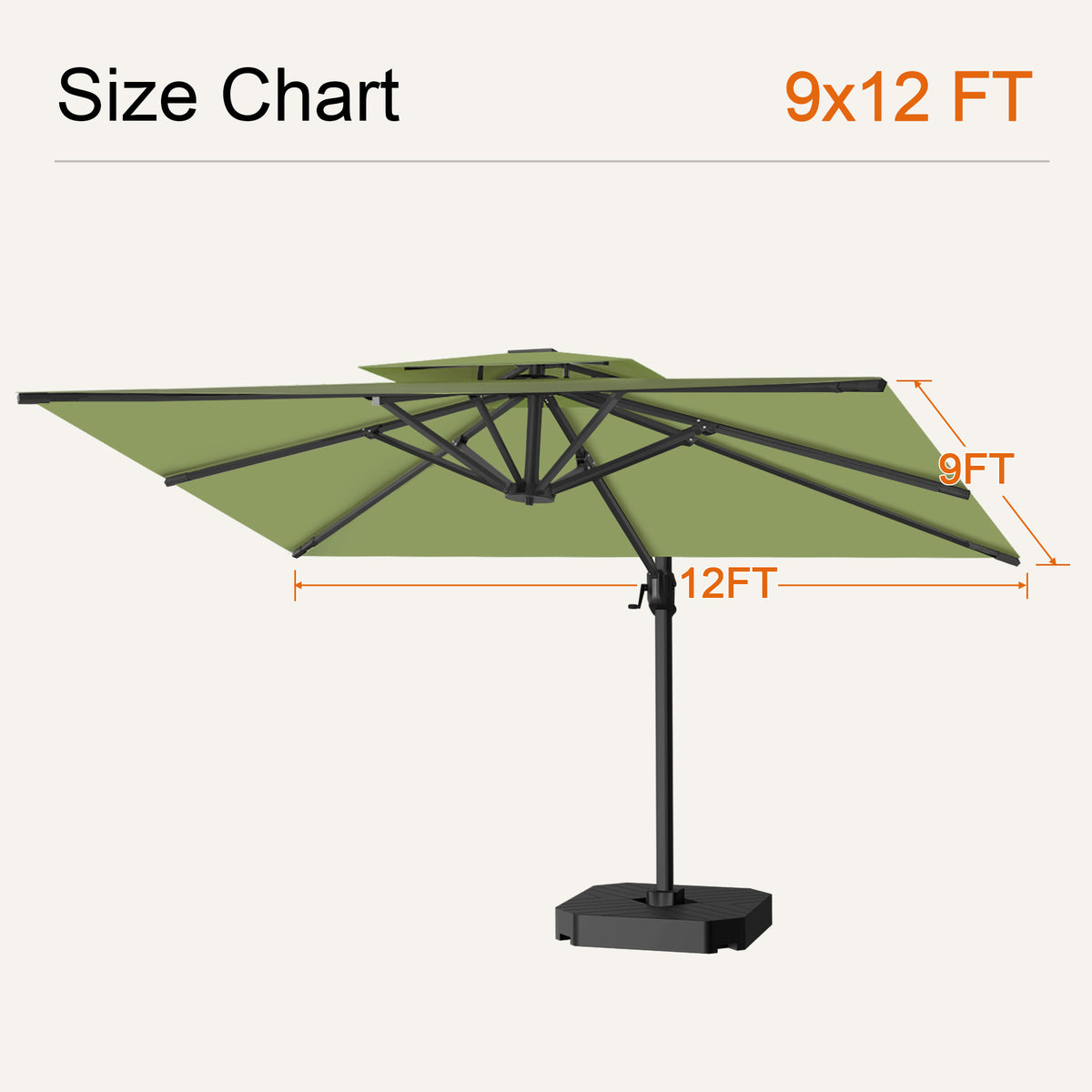 Sage green cantilever patio umbrella size chart showing a 9 x 12 ft canopy - Sunshade