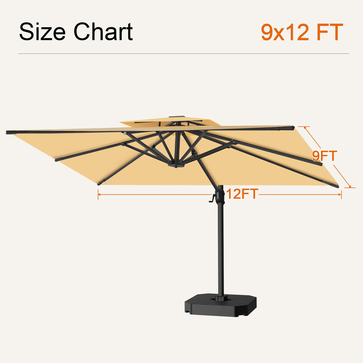 Beige cantilever patio umbrella size chart showing a 9 x 12 ft canopy - Sunshade