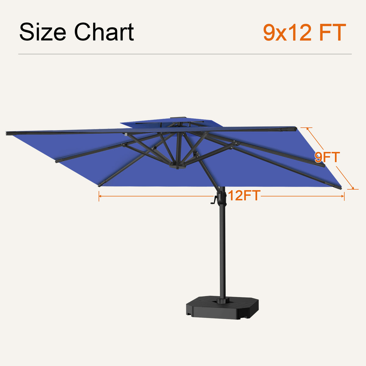 Navy blue cantilever patio umbrella size chart showing a 9 x 12 ft canopy - Sunshade