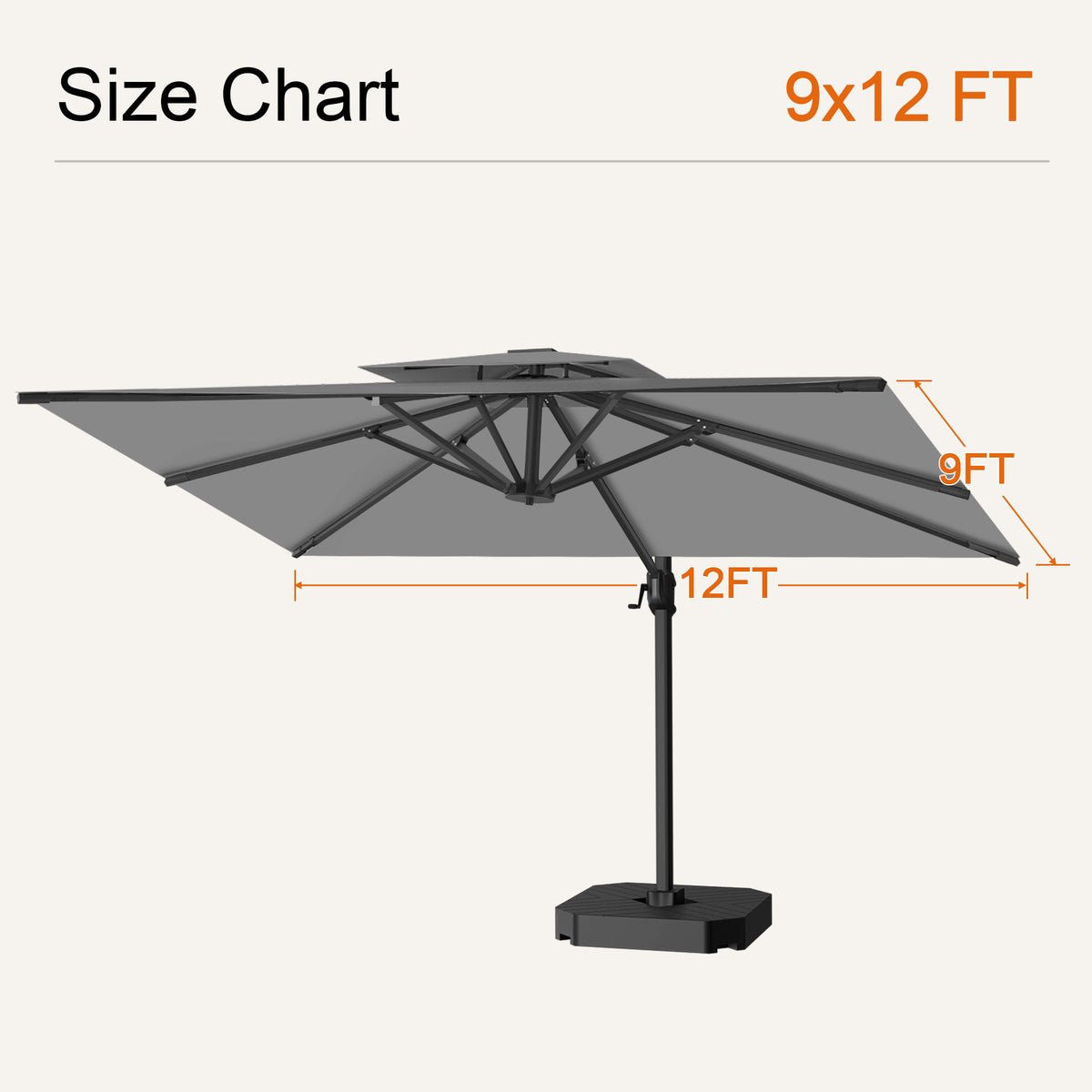 Charcoal cantilever patio umbrella size chart showing a 9 x 12 ft canopy - Sunshade