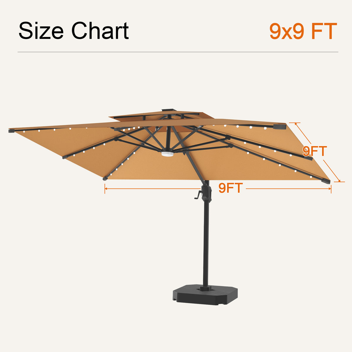 Tan Aegis Pro solar LED cantilever patio umbrella, 9 x 9 ft size chart - Sunshade