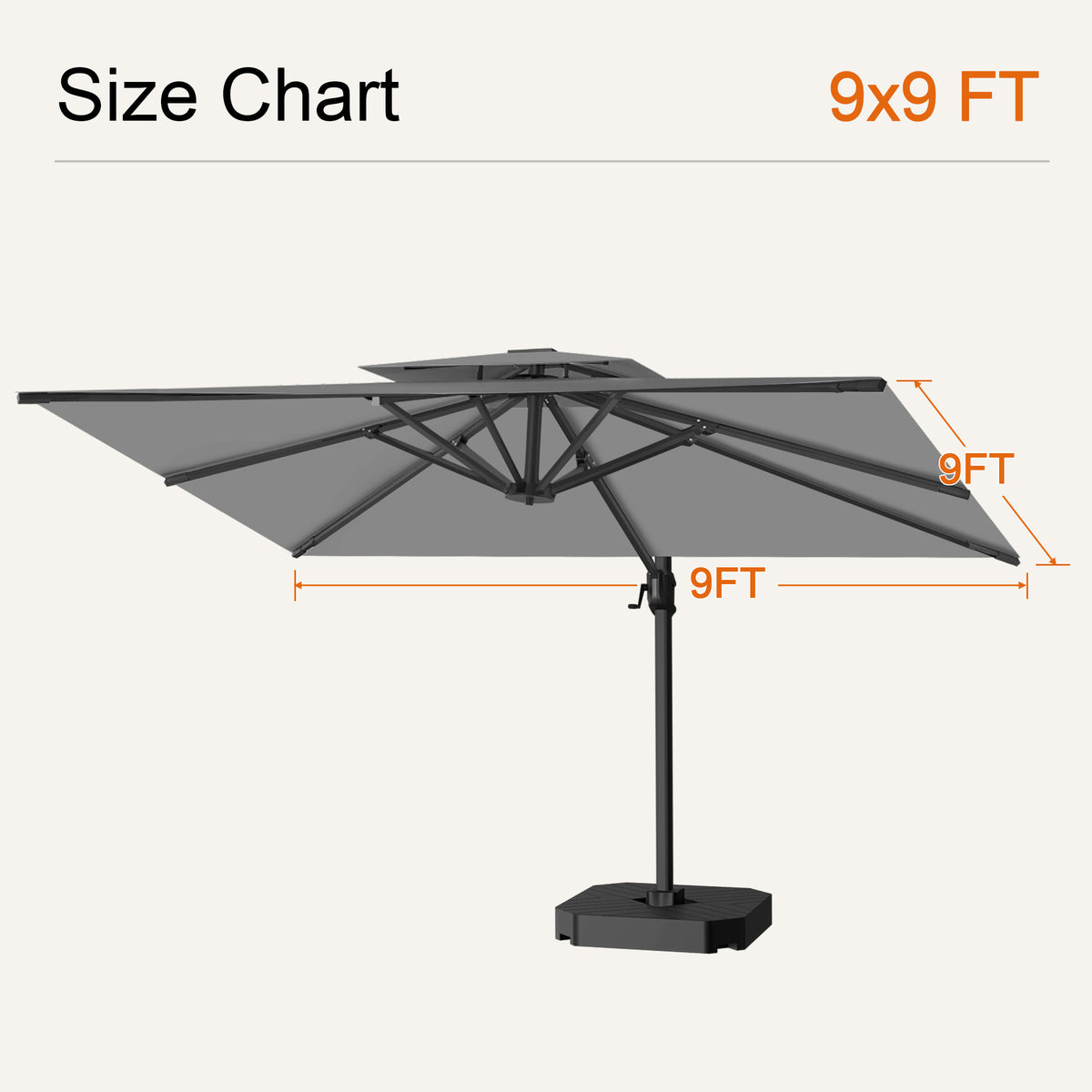 Charcoal cantilever patio umbrella size chart showing a 9 x 9 ft canopy - Sunshade