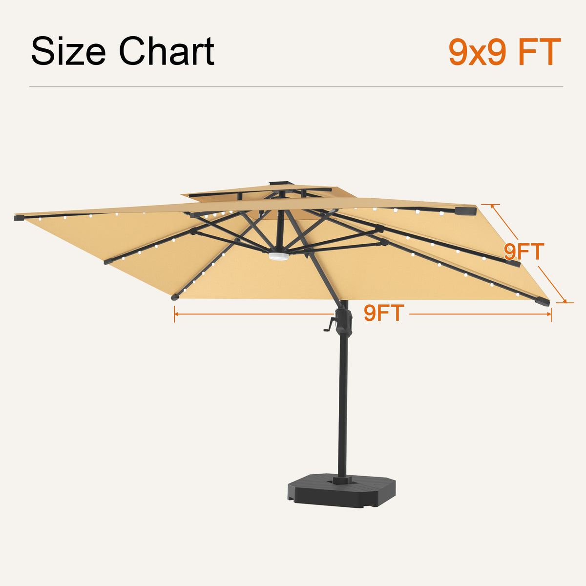 Beige Aegis Pro solar LED cantilever patio umbrella, 9 x 9 ft size chart - Sunshade