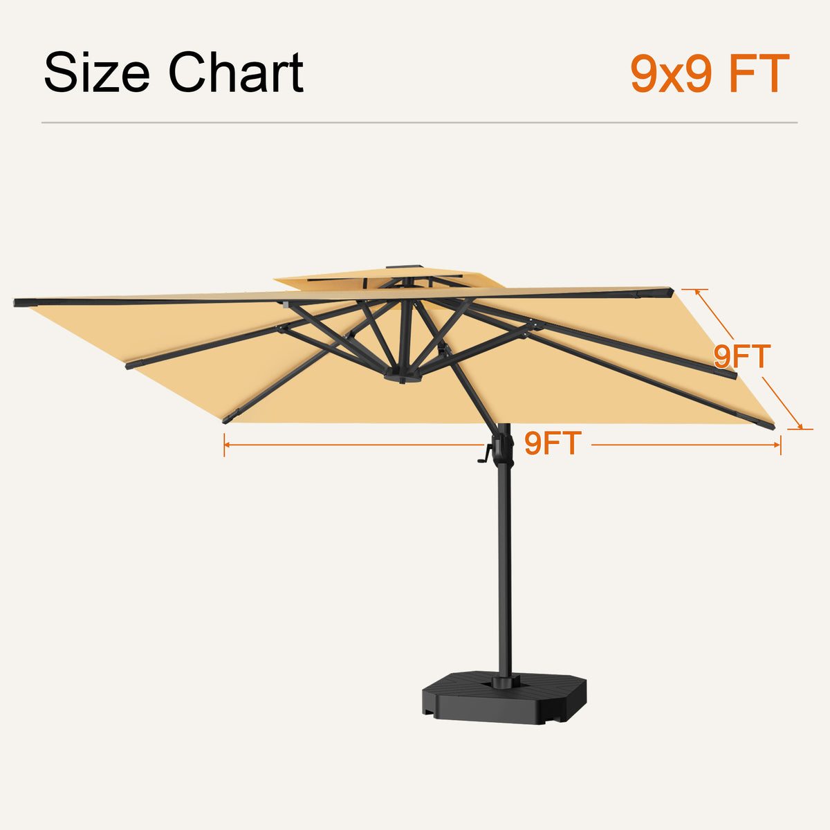 Beige cantilever patio umbrella size chart showing a 9 x 9 ft canopy - Sunshade