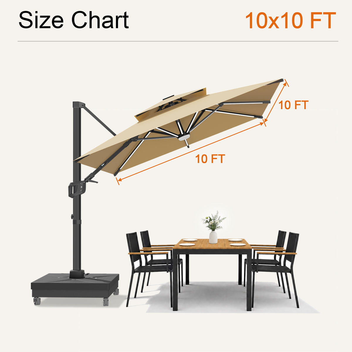 Beige Aegis Premium solar LED cantilever umbrella size chart with a 10 x 10 ft canopy - Sunshade