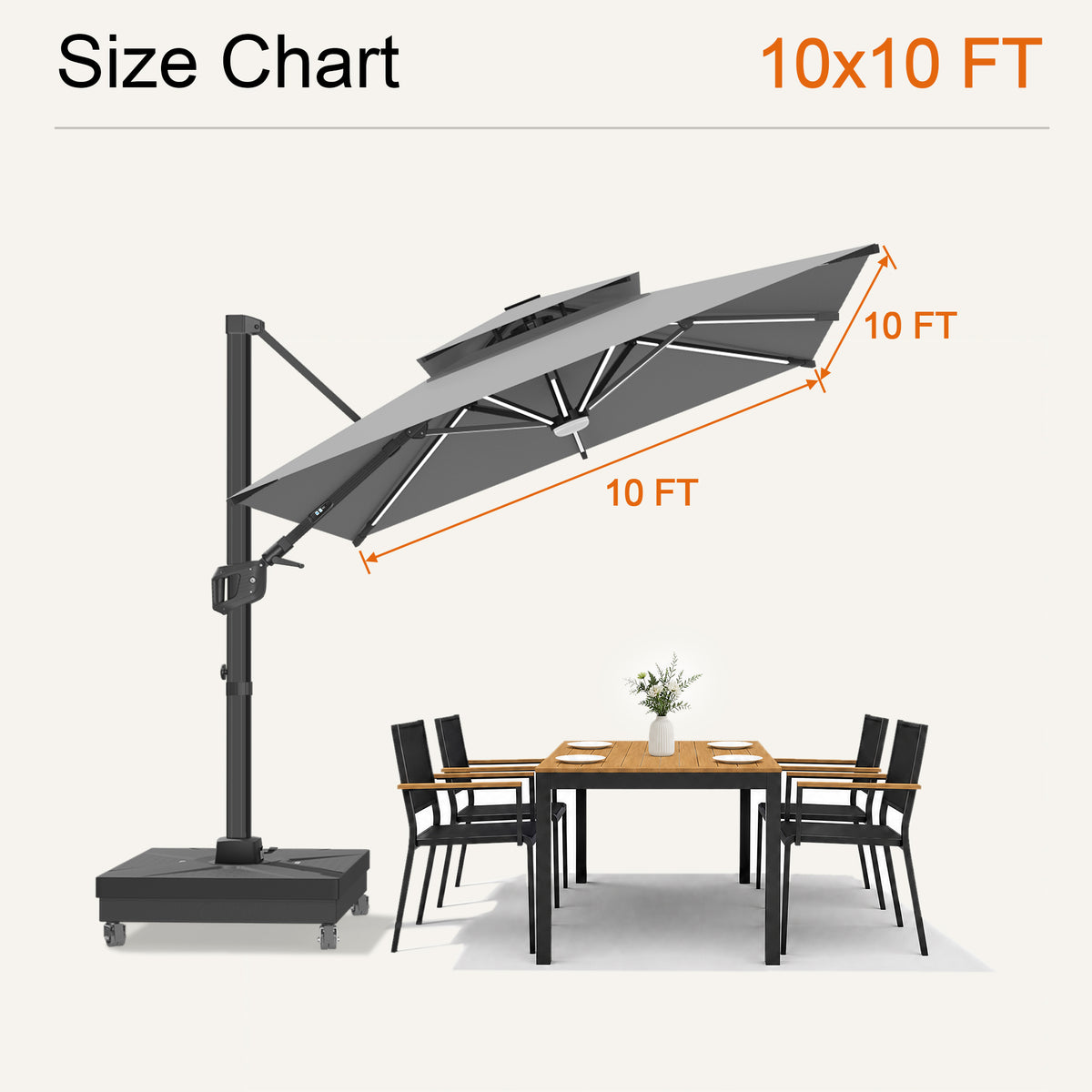 Charcoal Aegis Premium solar LED cantilever umbrella size chart with a 10 x 10 ft canopy - Sunshade