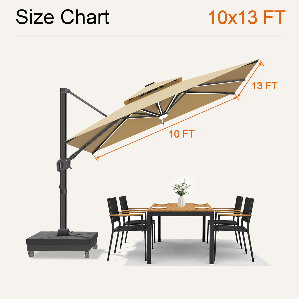 Beige Aegis Premium solar LED cantilever umbrella size chart with a 10 x 13 ft canopy - Sunshade