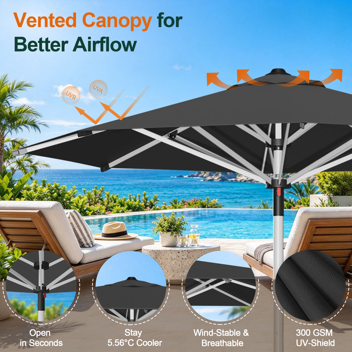 Black Solara round market umbrella with a vented canopy above a poolside patio - Sunshade