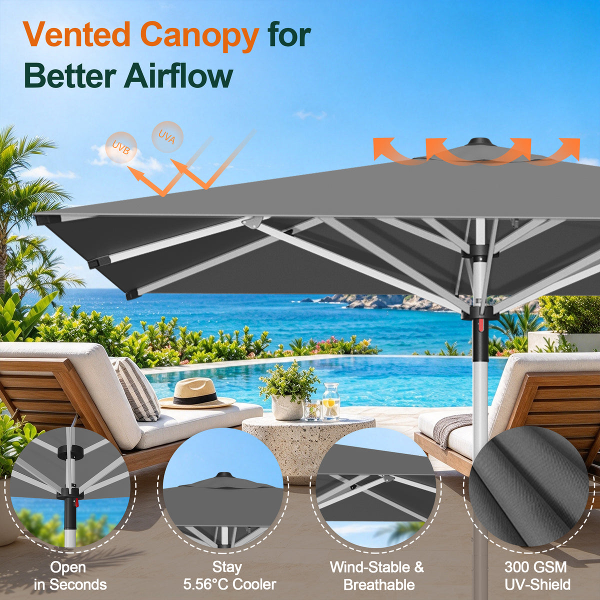 Charcoal Solara square market umbrella with a vented canopy above a poolside patio - Sunshade