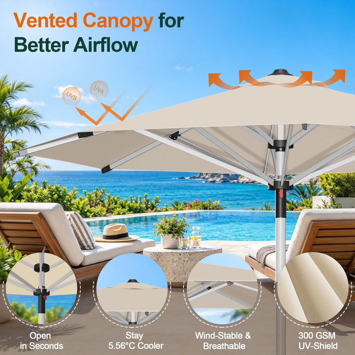 Cream Solara round market umbrella with a vented canopy above a poolside patio - Sunshade