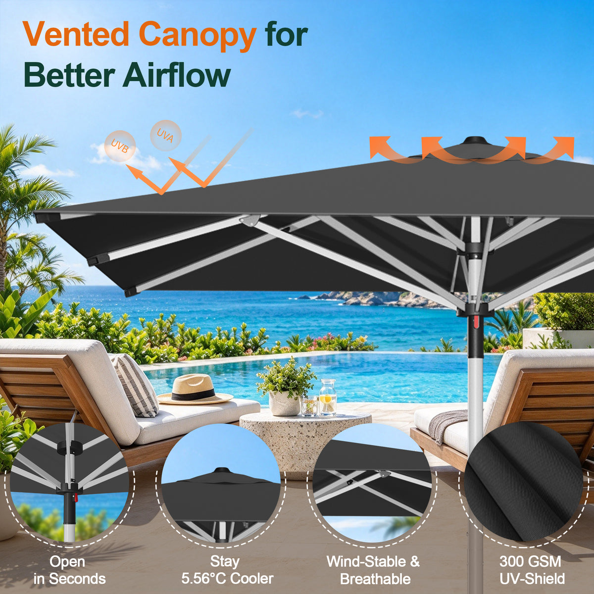 Black Solara square market umbrella with a vented canopy above a poolside patio - Sunshade