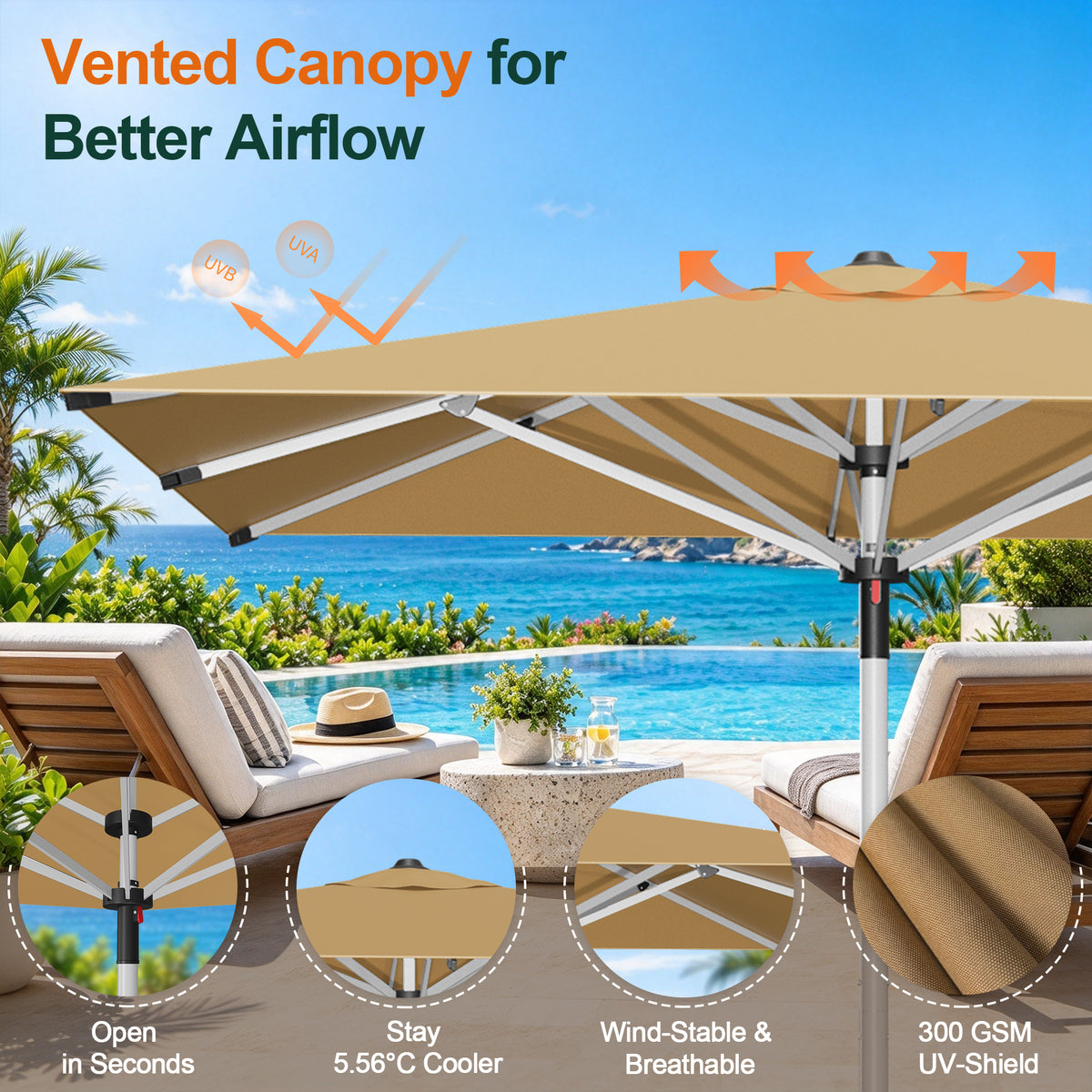 Beige Solara square market umbrella with a vented canopy above a poolside patio - Sunshade