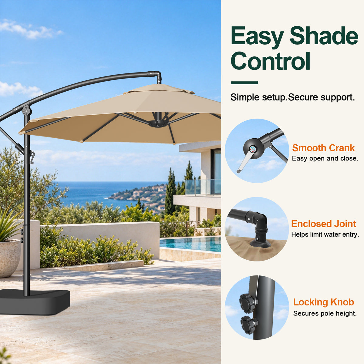 Beige cantilever patio umbrella with details of its crank, top joint, and locking knobs - Sunshade
