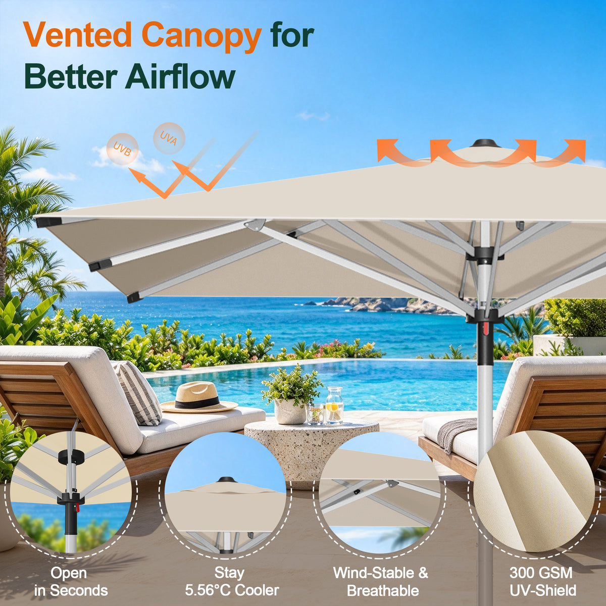 Cream Solara square market umbrella with a vented canopy above a poolside patio - Sunshade