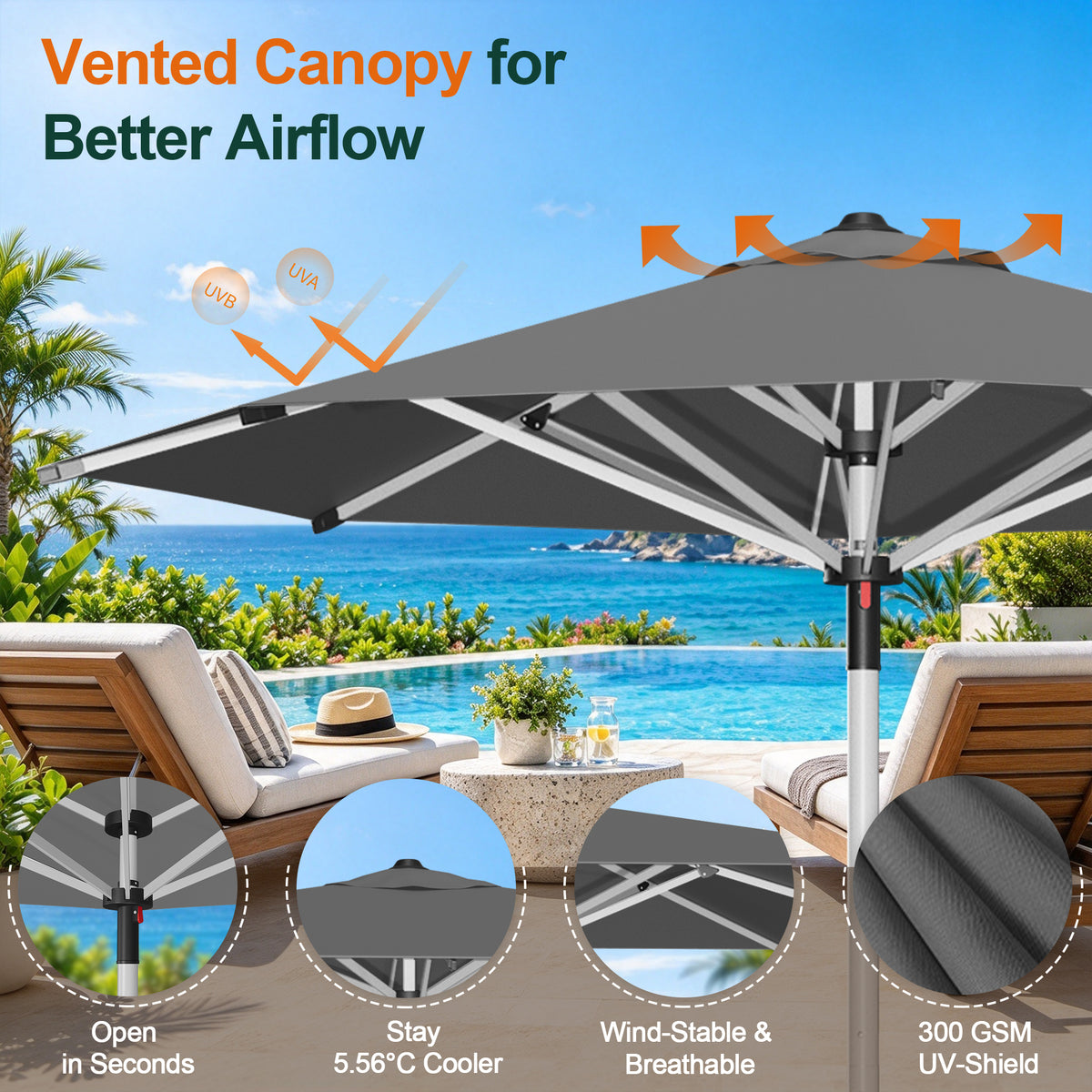 Charcoal Solara round market umbrella with a vented canopy above a poolside patio - Sunshad