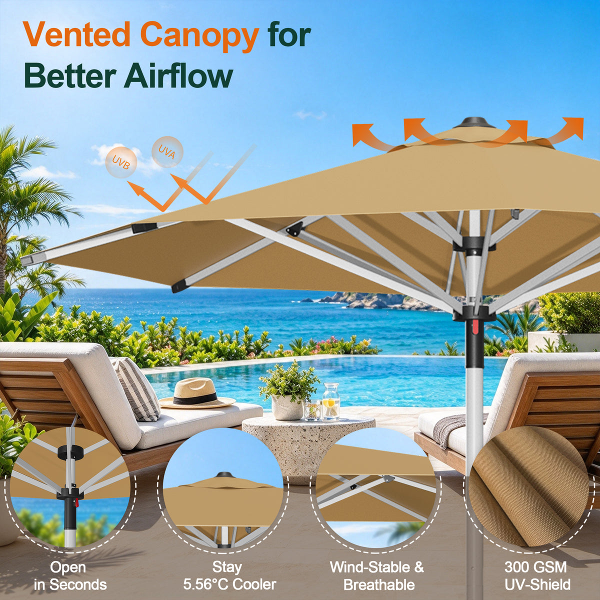 Beige Solara round market umbrella with a vented canopy above a poolside patio - Sunshade