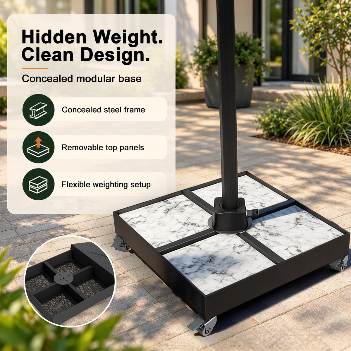 Modular cantilever umbrella base on a patio showing a concealed steel frame, removable marble-look top panels, and flexible weighting compartments - Sunshade