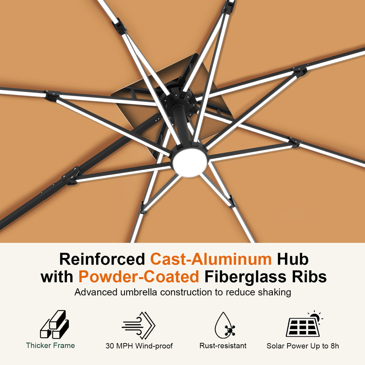 Tan underside of the Aegis Pro umbrella showing LED rib lights and the reinforced center hub - Sunshade