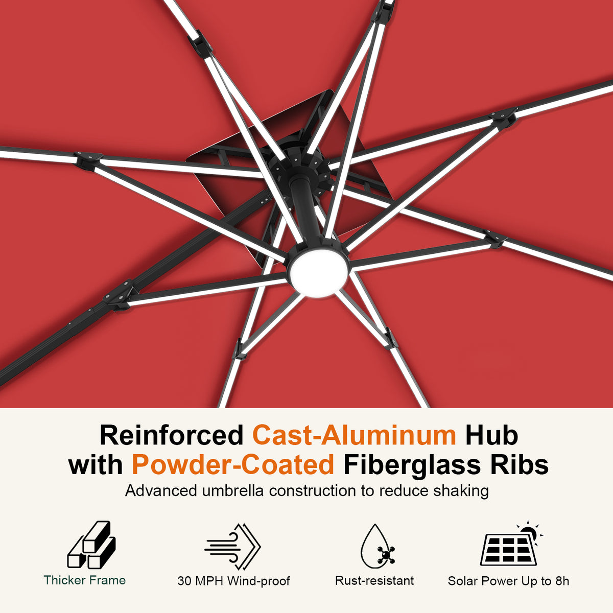 Burgundy underside of the Aegis Pro umbrella showing LED rib lights and the reinforced center hub - Sunshade