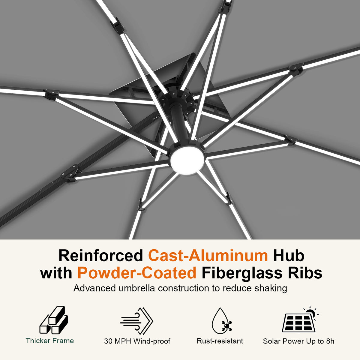 Charcoal underside of the Aegis Pro umbrella showing LED rib lights and the reinforced center hub - Sunshade