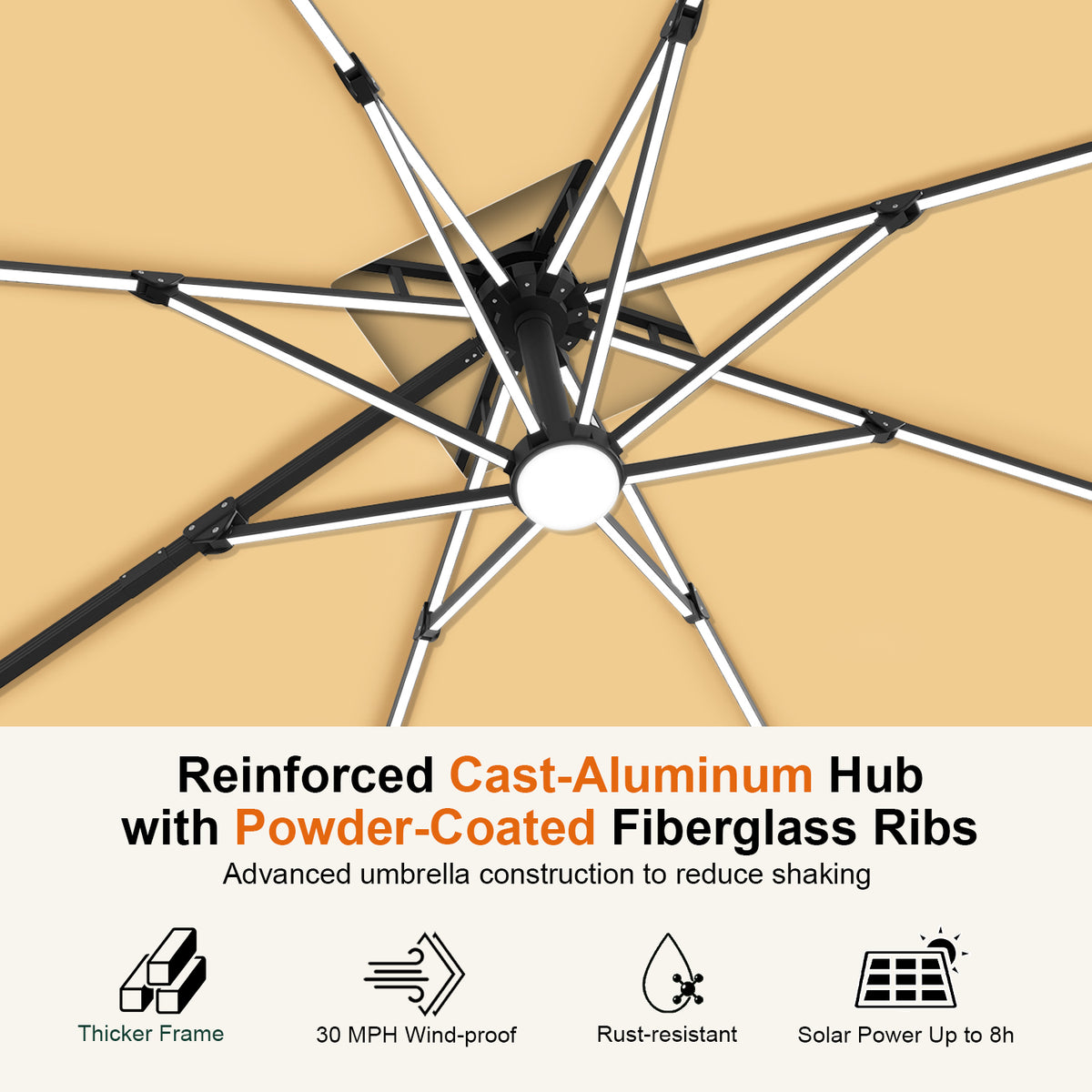 Beige underside of the Aegis Pro umbrella showing LED rib lights and the reinforced center hub - Sunshade