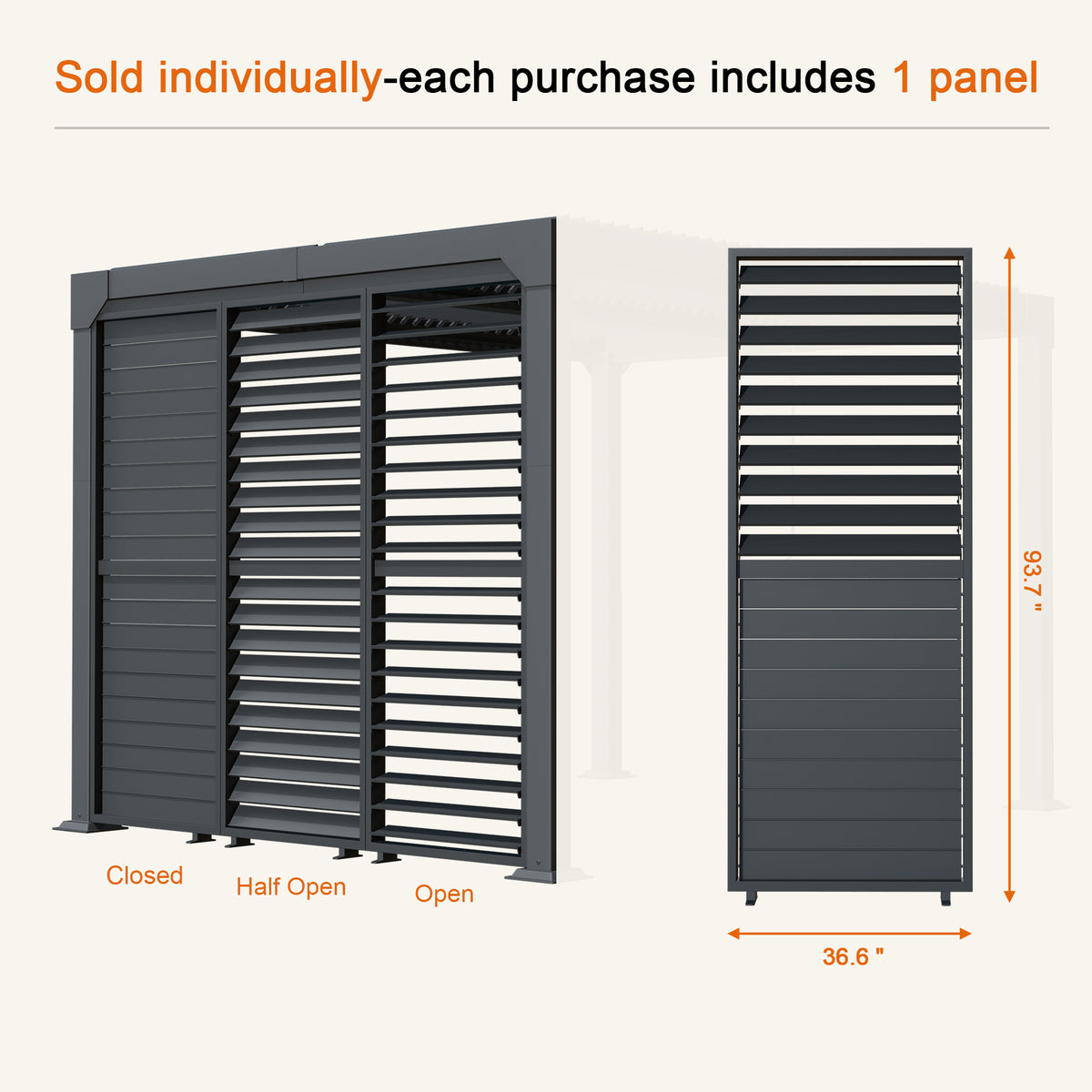 Single pergola louvered side wall size chart, 36.6 in wide and 93.7 in high - Sunshade