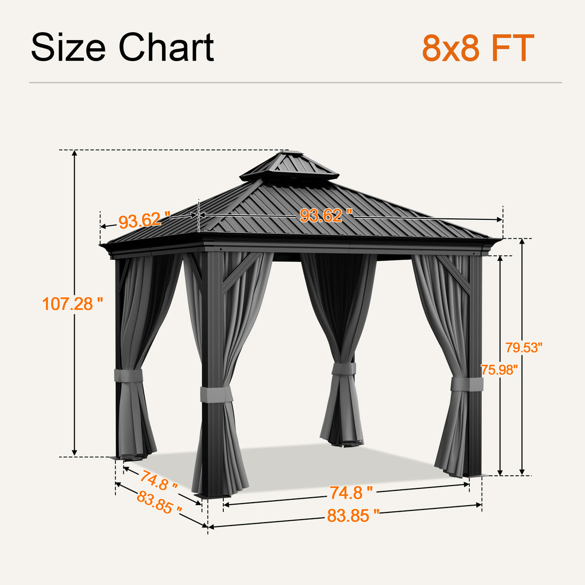 Gray 8 x 8 ft hardtop gazebo size chart, 107.28 in overall height - Sunshade