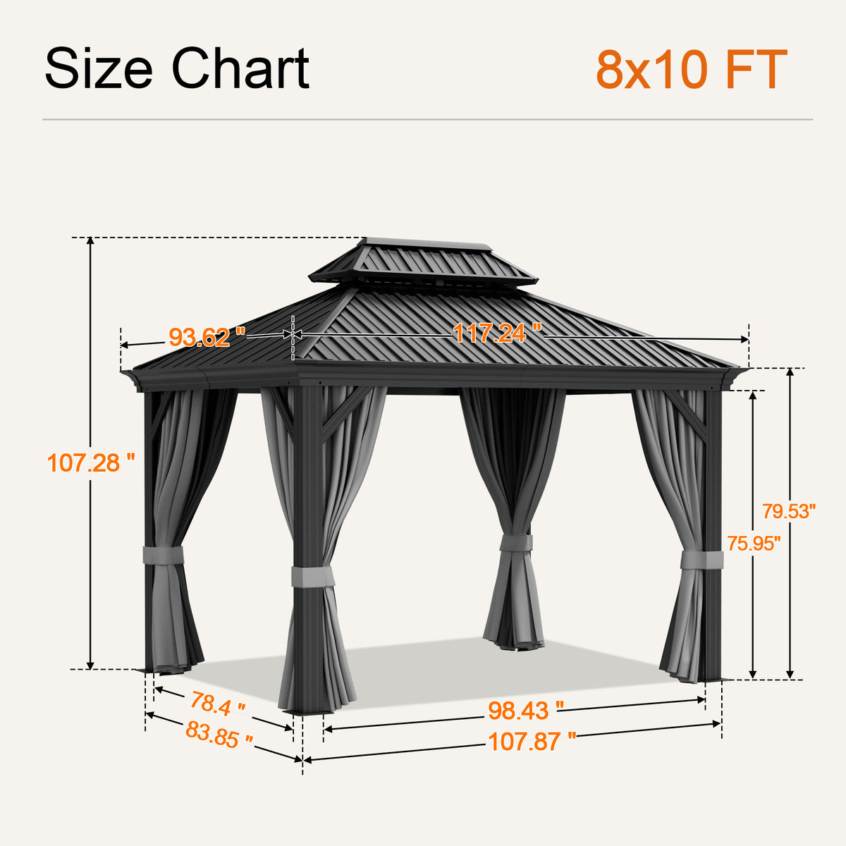 Gray 8 x 10 ft hardtop gazebo size chart, 107.28 in overall height - Sunshade