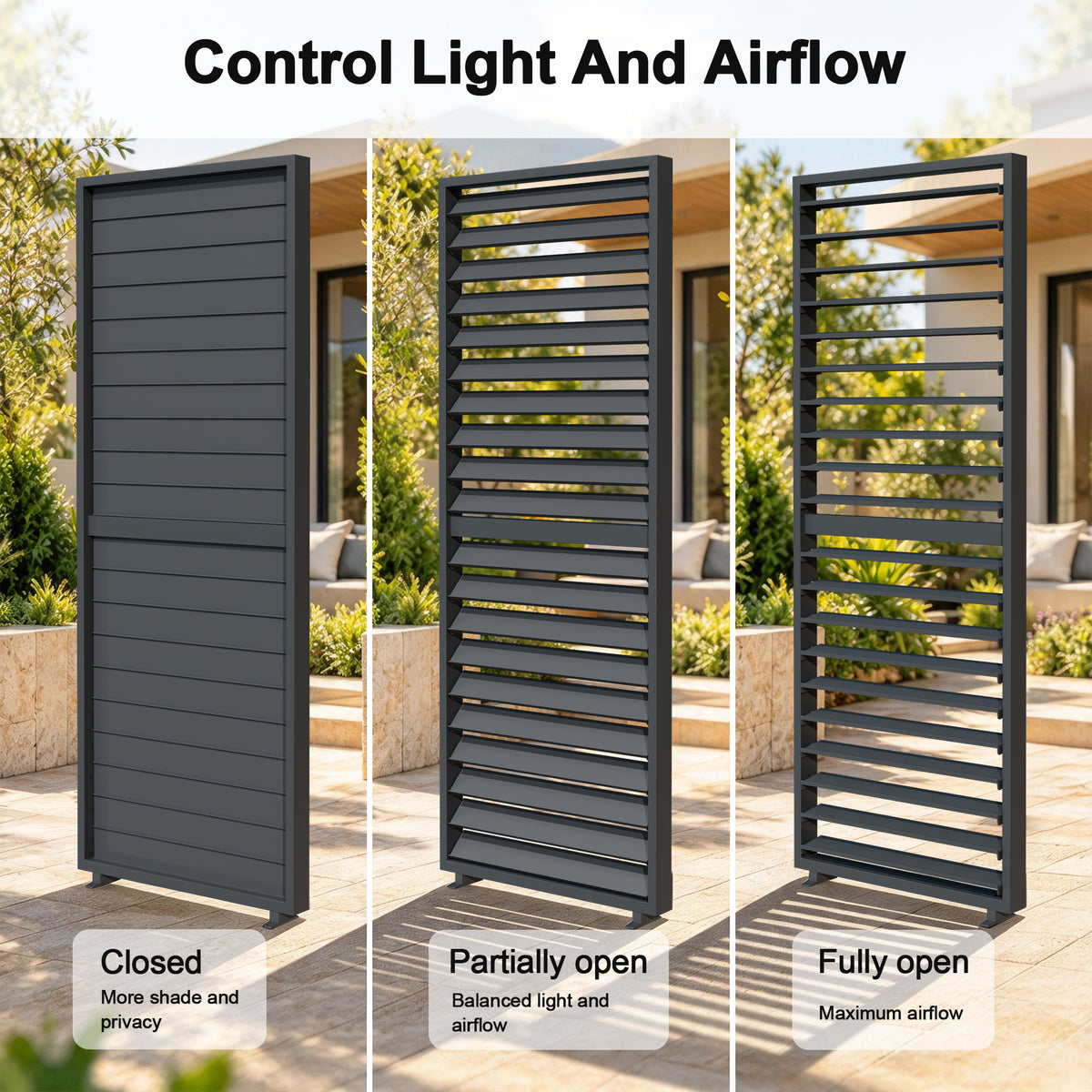 Pergola side wall louvers shown closed for shade and open for airflow - Sunshade