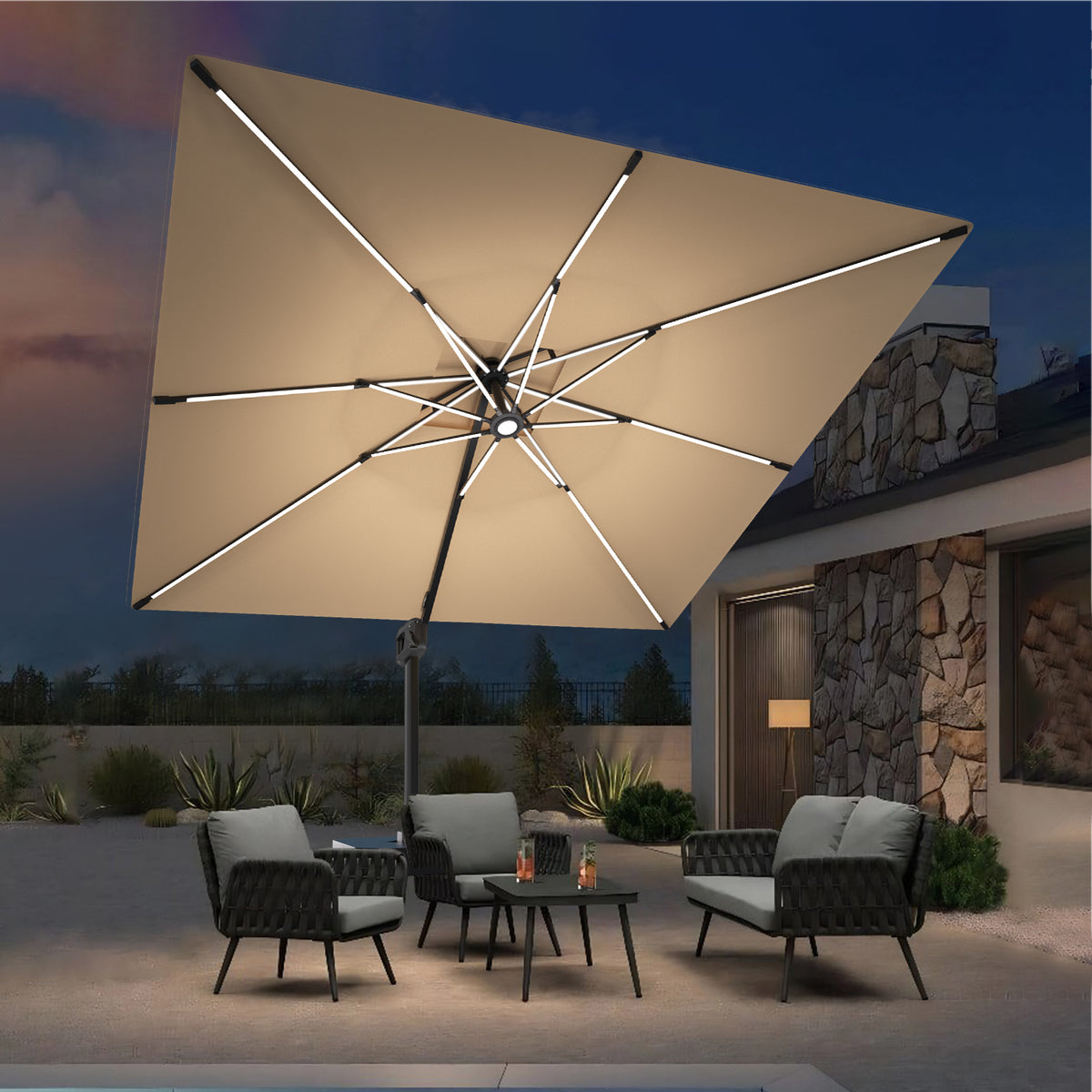 Sunshade Aegis Premium Solar LED Cantilever Patio Umbrella with 360° Rotation, Stepless Tilt & Fiberglass Ribs