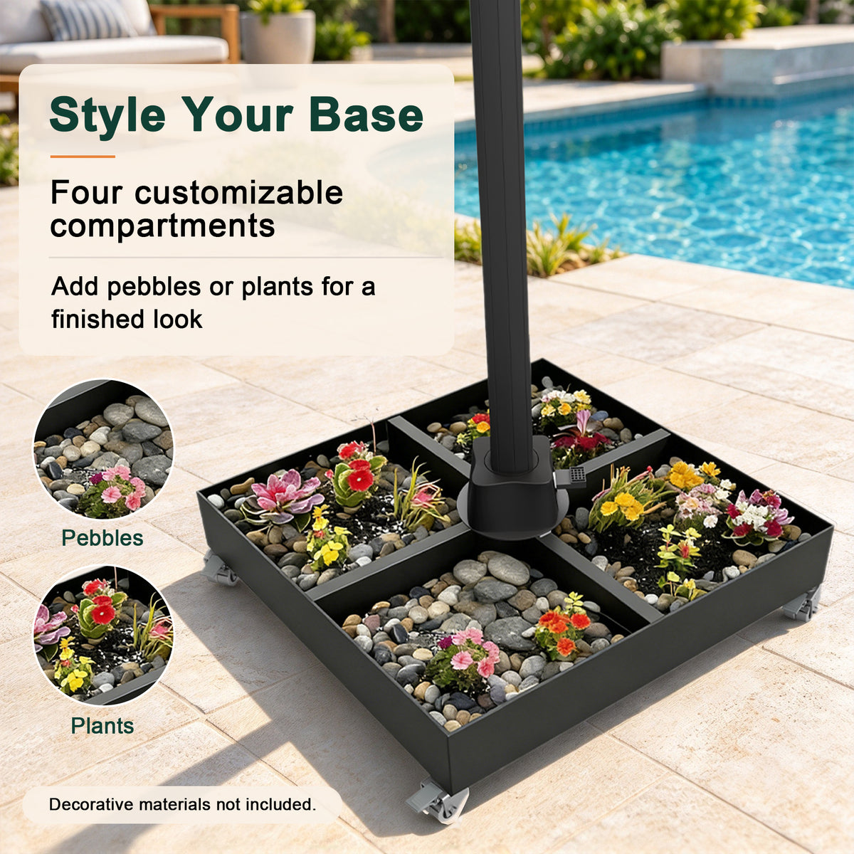 Cantilever umbrella base beside a pool showing four customizable compartments decorated with pebbles and plants; decorative materials not included - Sunshade