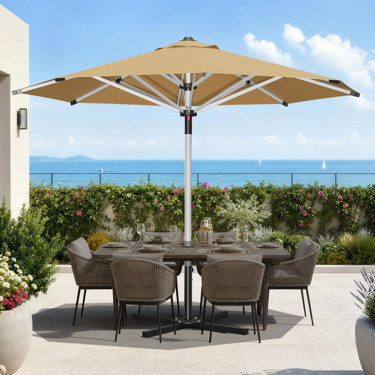 Sunshade Solara 7.5–10 ft. Round Market Patio Umbrella with Reinforced Aluminum Frame, 3-Level Tilt & Optional Solar LED Lights