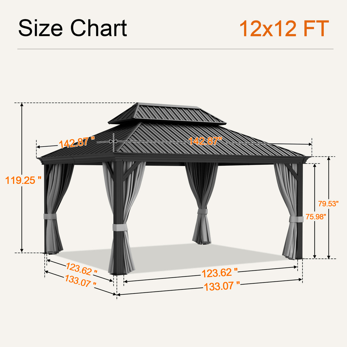 Gray 12 x 12 ft hardtop gazebo size chart, 119.25 in overall height - Sunshade