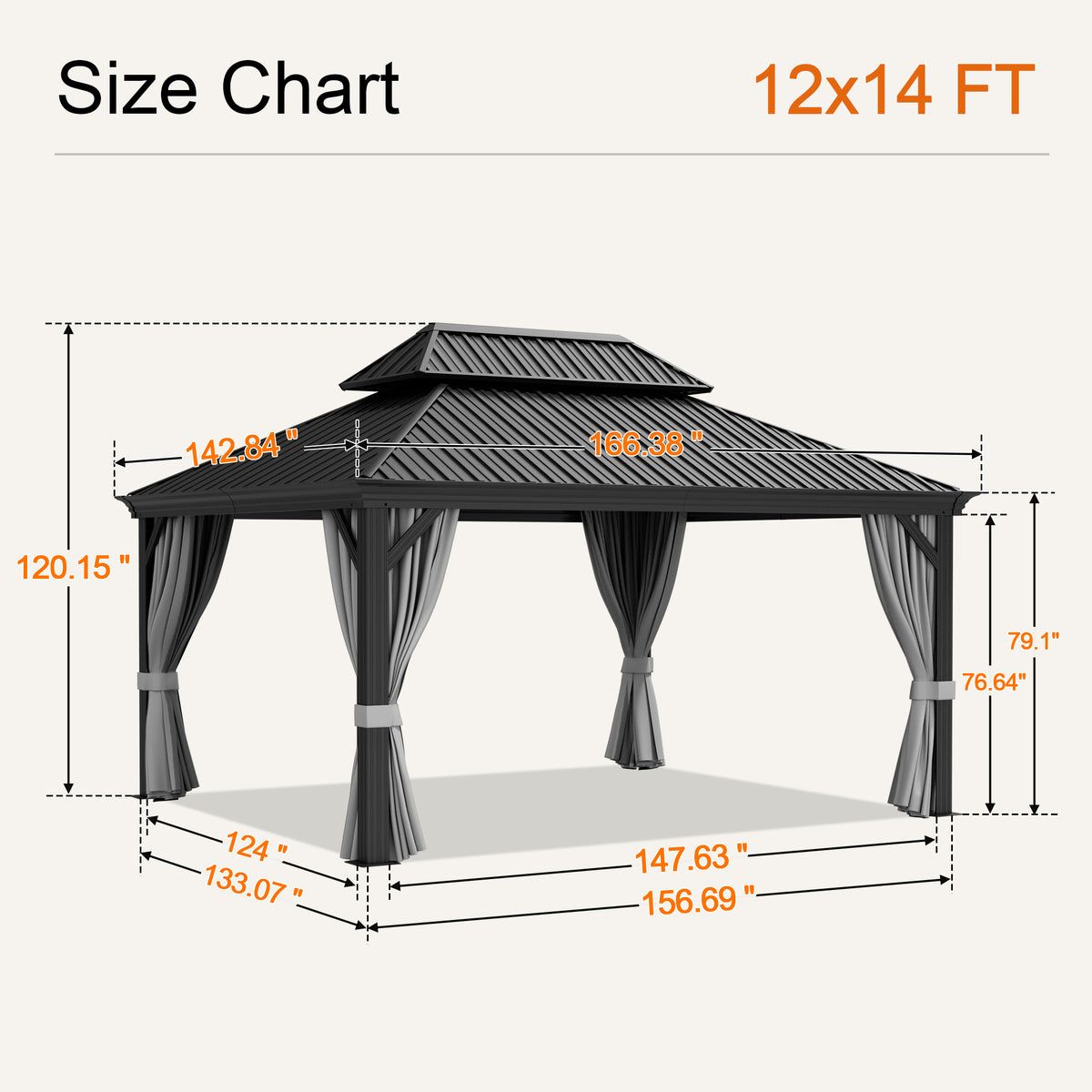 Gray 12 x 14 ft hardtop gazebo size chart, 120.15 in overall height - Sunshade