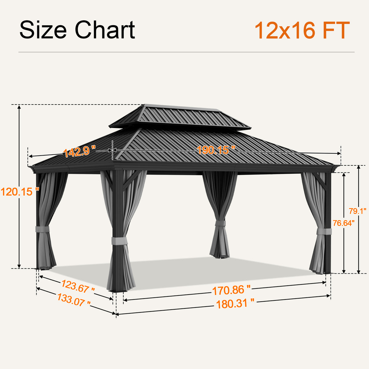 Gray 12 x 16 ft hardtop gazebo size chart, 120.15 in overall height - Sunshade