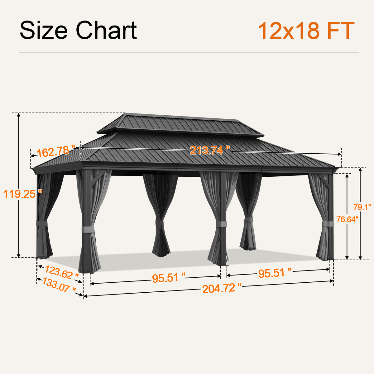 Gray 12 x 18 ft hardtop gazebo size chart, 119.25 in overall height - Sunshade
