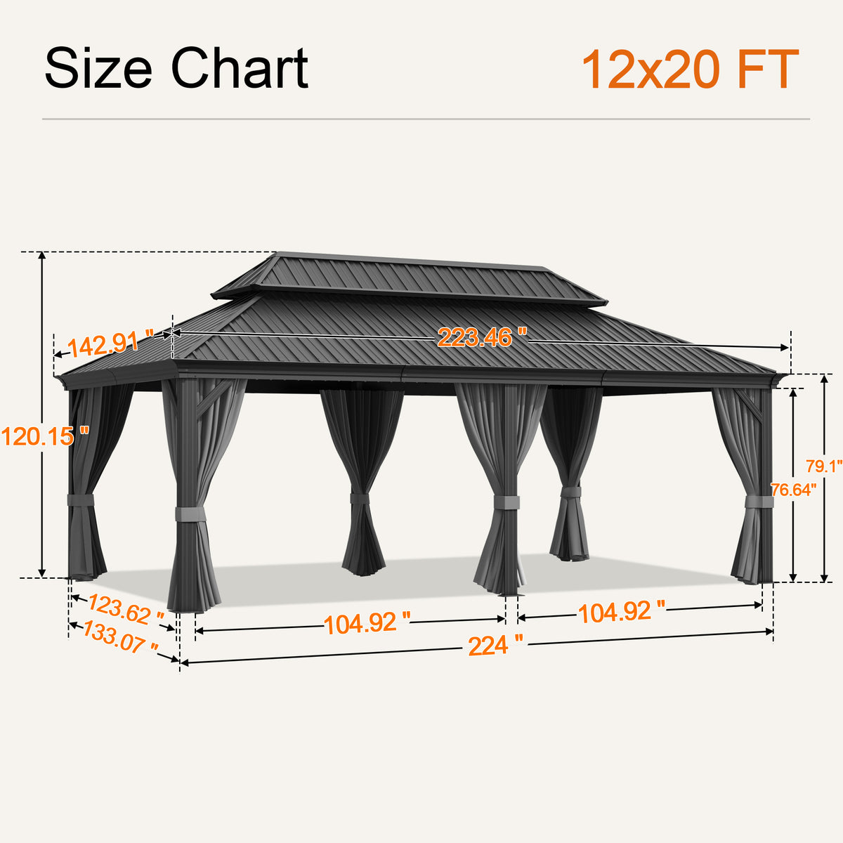 Gray 12 x 20 ft hardtop gazebo size chart, 120.15 in overall height - Sunshade