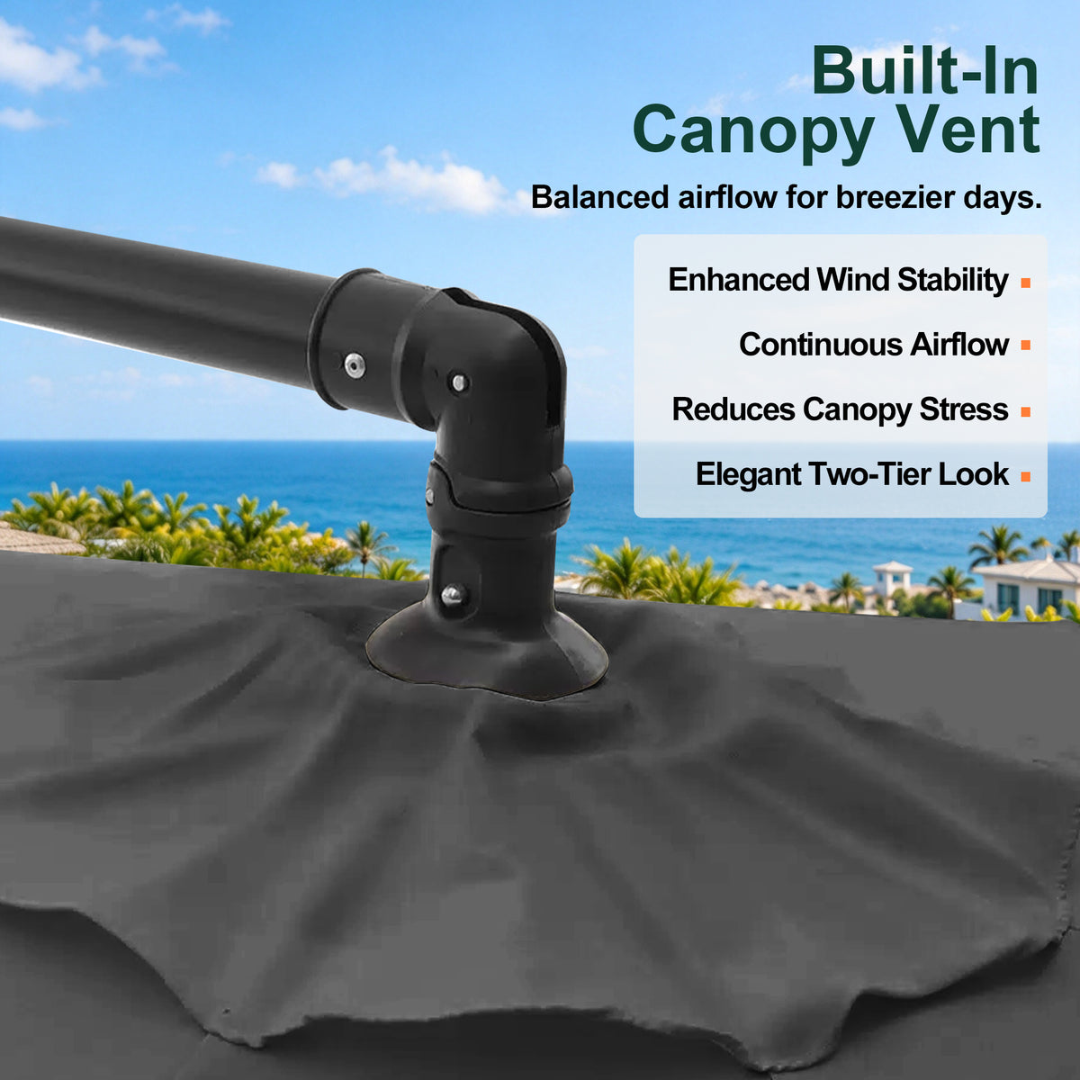 Close-up of the canopy vent and top joint on a black cantilever patio umbrella - Sunshade